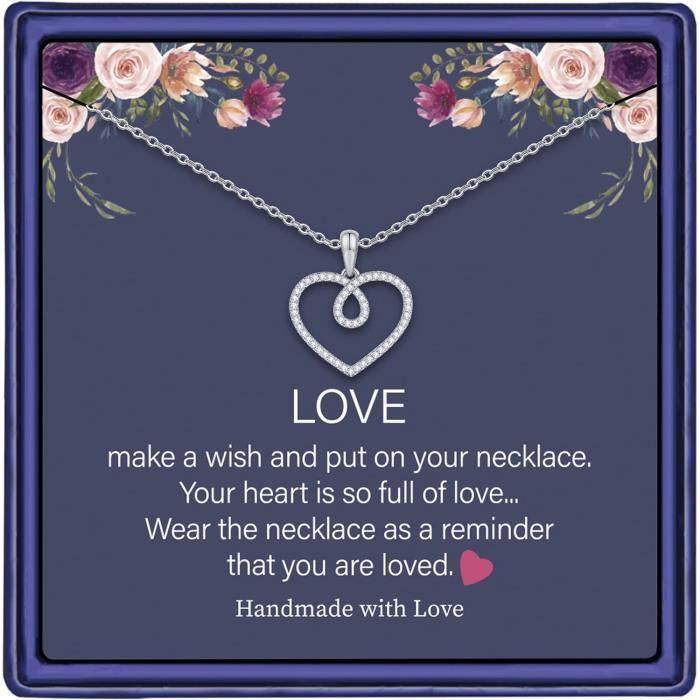 Collier Pendentif Double Cœur Or Blanc 14k Avec Diamants - 18 Pouces, Argent Sterling, Neuf