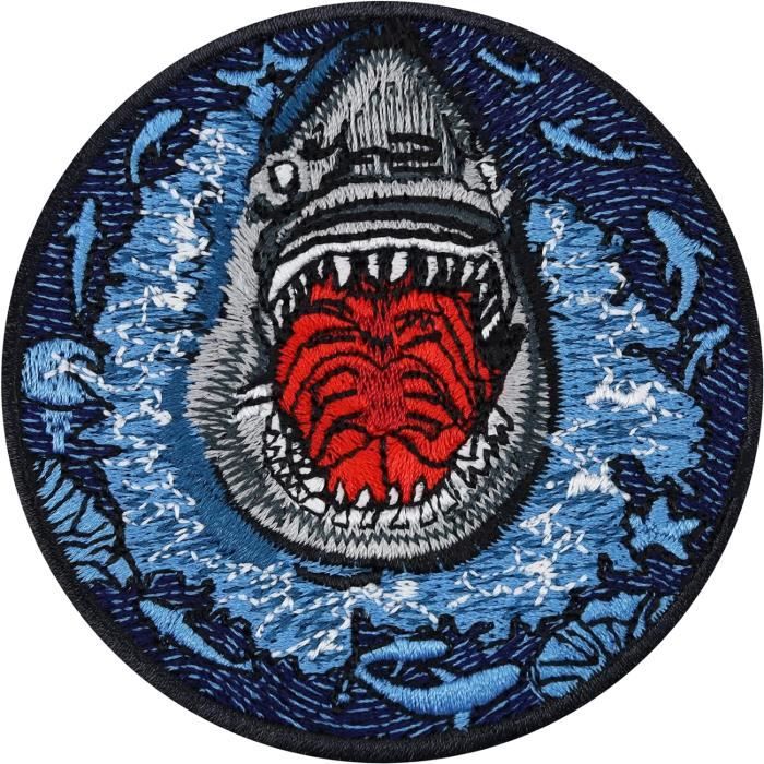 Patch Brodé Requin Thermocollant - Dimensions 9,5 X 9,5 Cm - Gris, Thème Mer Et Surf - 100% Polyester