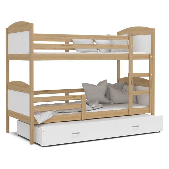 Lit Superposé 3 Places Mateo 90x190 gigogne + matelas Pin - blanc Lit Superposé 3 Places Mateo 90x190 gigogne + matelas Pin - blanc