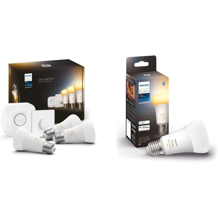 Philips Hue White Ambiance, Kit de démarrage E27 x3 Equivalent 75W, Pont et Smart Button Hue x1