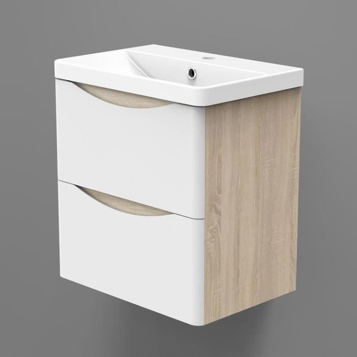 Meuble Sous Vasque De Salle De Bain Suspendu 80 Cm Couleur Blanc Et Bois Clair Cdiscount Maison
