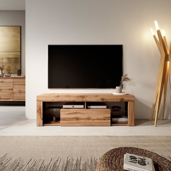 meuble tv / banc tv - bianko - 140 cm - chêne lancaster - sans led - style moderne - tablettes en verre