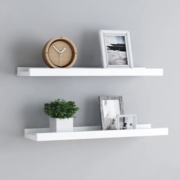 TOP SELLER-93027 Lot de 2 Meuble Étagère Mural Étagères à rebord pour cadre photo Blanc 60x9x3 cm MDF - Vintage