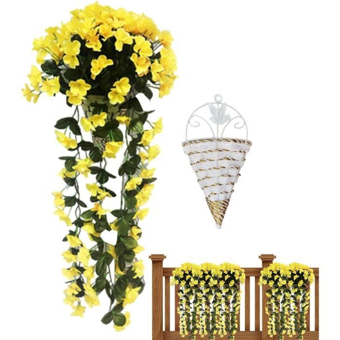 Deux Superbes Paniers Suspendus Artificiels Avec Fleurs Jaunes & Violettes – Hyper Réalistes, Zéro Entretien !