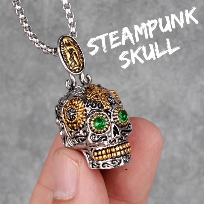 Collier Homme Crâne Satan En Acier Titane - Style Gothique Punk Rock - Pendentif Environ 48x30 Mm - Longueur 60 Cm