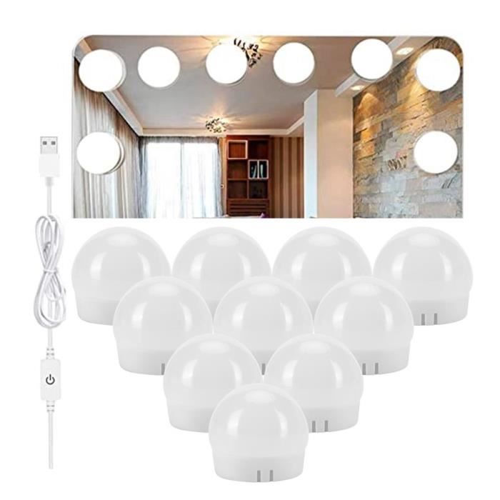 passiont© Lumière de miroir Lumières de Miroir LED 10 Ampoules Type à Coller Lampe de Maquillage USB pour Miroir Mural Salle de Bain