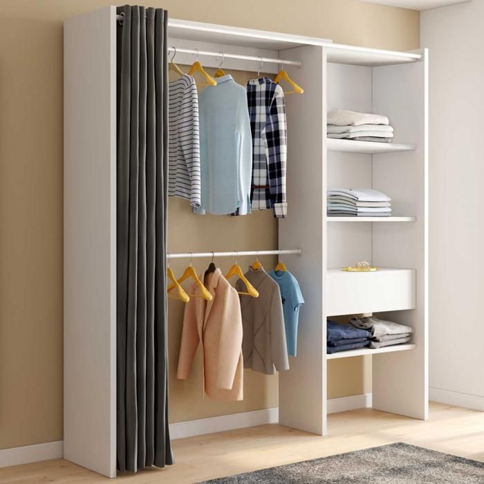 IDMARKET Dressing extensible MARTY 120/170 x 50 x 180 cm blanc avec étagères + double penderie + rideau gris