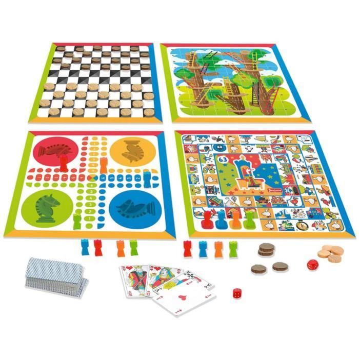 Coffret 4 Jeux De Societe Et Jeu De Cartes - Jeujura - Pions En Bois - Blanc - 30 min - Enfant