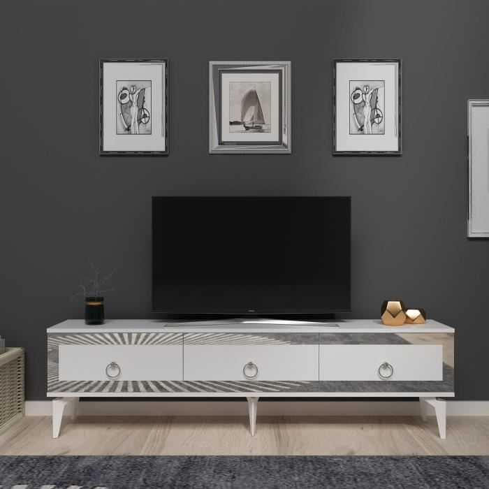 meuble tv moderne karinox l180cm blanc et effet miroir argent