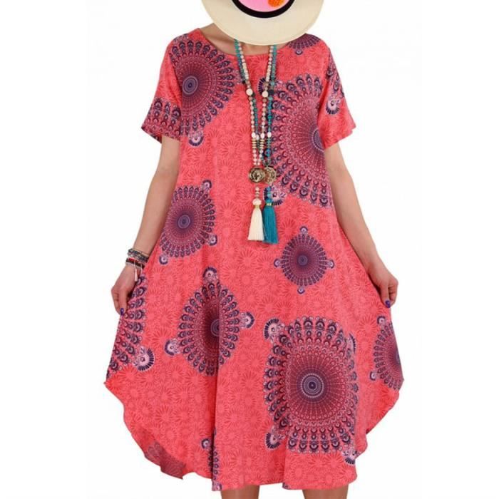 Robe Mi-longue Femmes Boho été Prints robe à manches courtes Plage Maxi ...