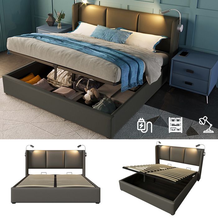 Lit double 160x200 cm avec chargement USB Coffre de Rangement Lampe de Lecture Lit coffre avec Sommier à Lattes Inclus