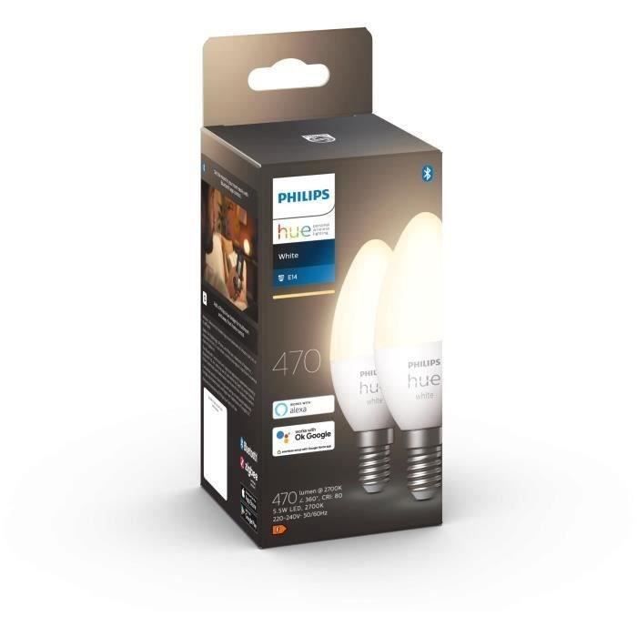Compatible Bluetooth Pack de 2 Philips Hue White Ampoules LED Connectées E27