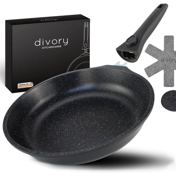 Set De 3 Poêles Anti-adhésives DIVORY - Poignée Amovible, Induction | 20cm, 24cm, 28cm