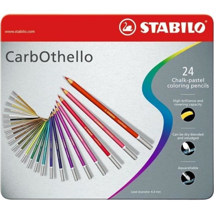 STABILO CarbOthello - Boîte métal - lot de 24 crayons de couleur fusain pastel