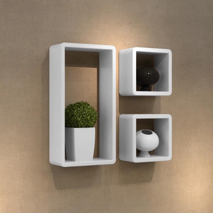 Etageres Murale De Rangement Livre Dvd En Mdf Avec 3 Cubes Blanc