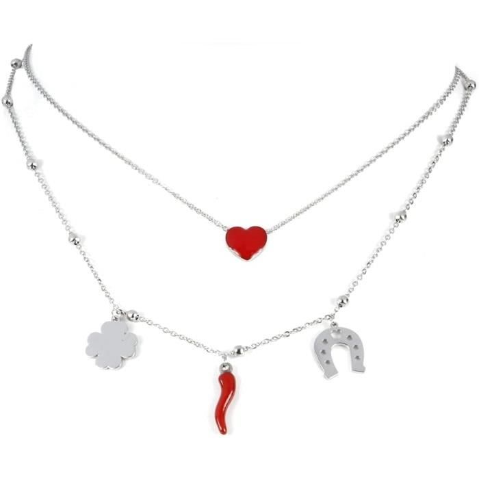 Collier mi-long ou sautoir trèfles creux acier inoxydable argent or cadeau femme