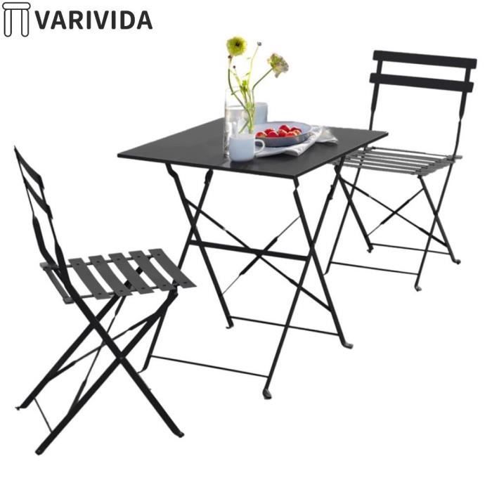 Ensemble Bistrot - VARIVIDA - Table carrée et 2 chaises pliables - Métal - Noir