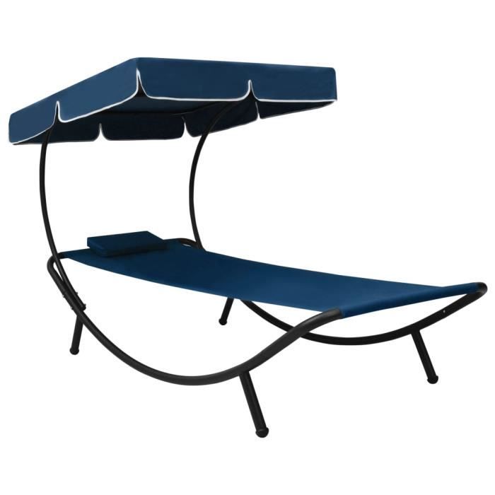 Chaise longue d'extérieur avec auvent et oreiller - VIDAXL - Bleu - Oxford et acier - 200x90x112cm