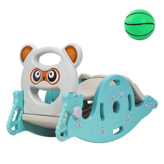 Ensemble de Cheval à Bascule 3 en 1 pour Enfants Toboggan Convertible pour Tout-petits avec Panier de Basket Vert/Rose