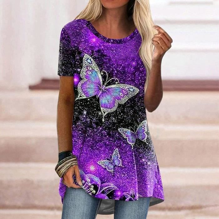 Blouse Femme Tee Shirt Femme Chic Femmes Manches Courtes Col Rond Laches Nouveaute Imprime Haut pour Femme Tuniques Vacances Violet Violet Cdiscount Pret a Porter