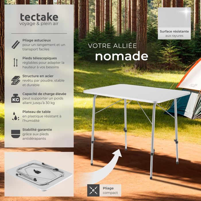 Table Pliante TecTake Aluminium 80x60 Cm - Hauteur Réglable - Idéale Camping, Jardin, Pique-Nique