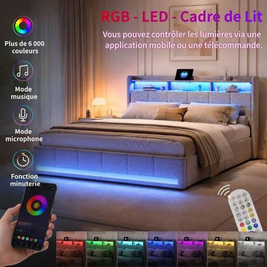 Lit Double 160x200 Avec 4 Tiroirs Et LED USB - Sommier Lattes - Tête De Lit Rembourrée Lin Beige - Charge 350kg