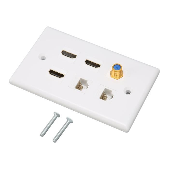 Plaque Murale Blanche Avec Prises RJ45 + RJ11 + HDMI - Cache Câbles Pour Installation Réseau & Home Cinéma