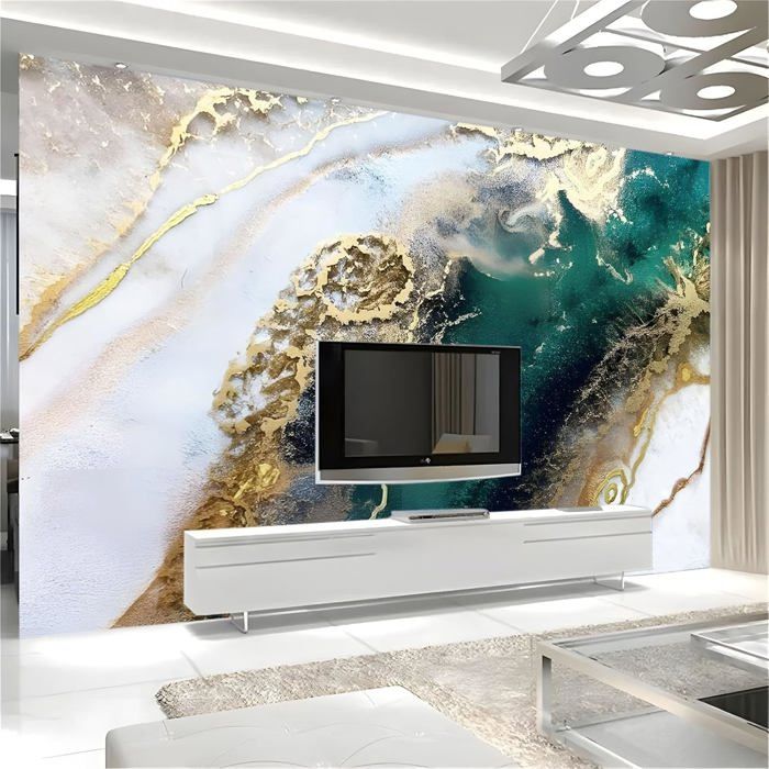3D Papier Peint Bleu Foncé Or Marbre Abstrait Papier peint panoramique Bleu Foncé- Pour Salon Chambre Chambre D'Enfant Décoration Murale Poster 300x210cm