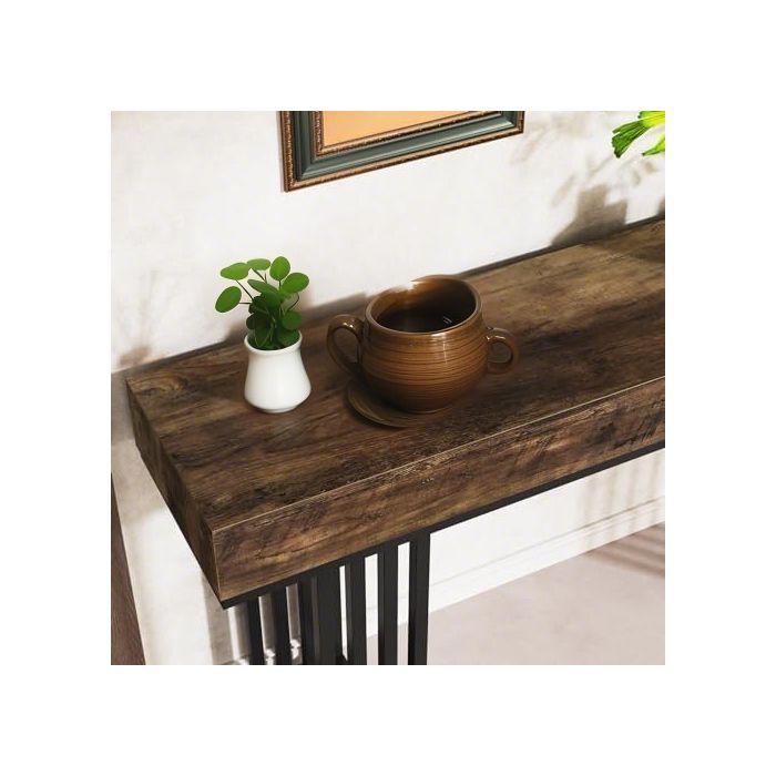 Tribesigns Table Console 140cm Vintage - Table D'Entrée Industrielle Avec Plateau Épais 10cm, Cadre Métallique Robuste, Brun Rustique Pour Salon Et Couloir