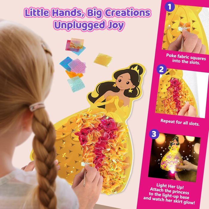 Kit Poke Art Princesse Avec Base LED – Bricolage Créatif Pour Filles 4-12 Ans, 500 Carrés Tissu Et 6 Motifs