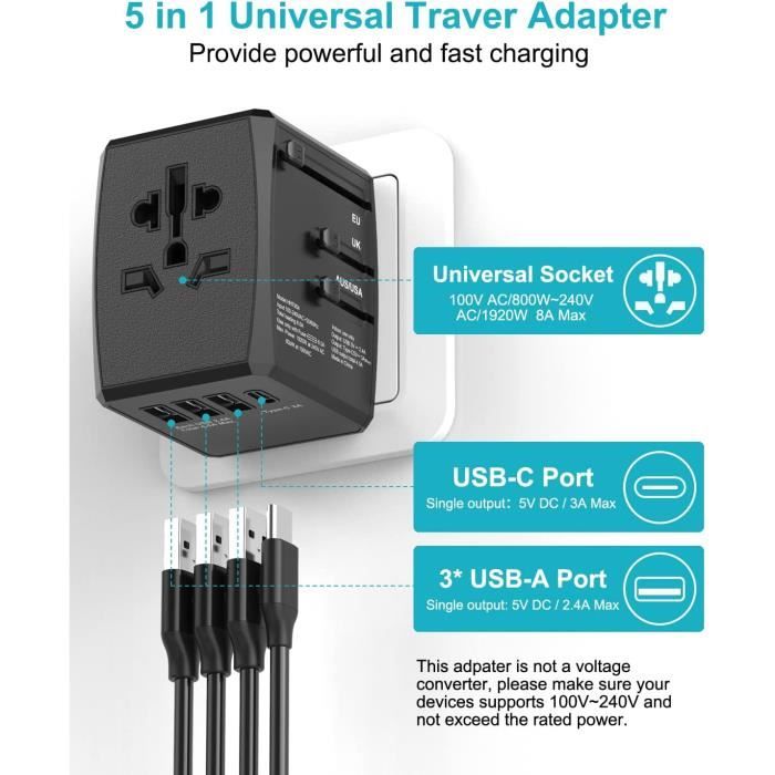 Adaptateur Voyage, Adaptateur Prise Universelle avec Type-C + 3 Ports USB &  Prise AC, Adaptateur