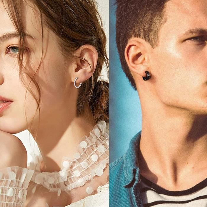 12 Paires De Boucles D'oreilles Pour Homme - Style Noir Et Argent, Piercing Cartilage, Design Unisexe Moderne - 7