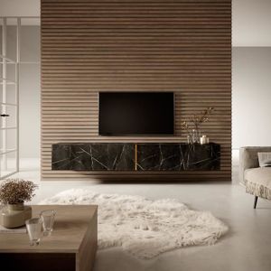 MEUBLE TV Meuble TV - BISIRA - 200 cm en marbre noir avec insert doré