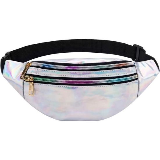 ANROI Sac Banane Holographique Brillant - Sac Ceinture Femme Avec Porte-Clés Papillon