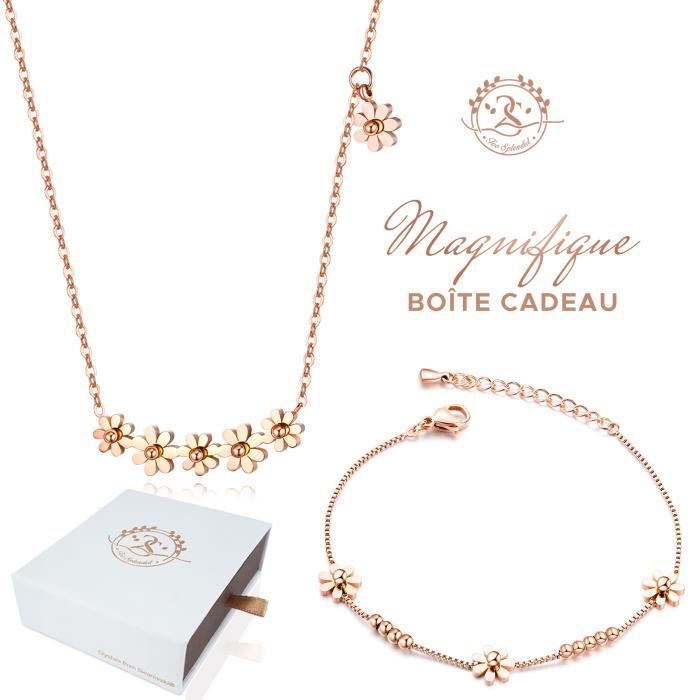 Parure Printemps Collier et Bracelet fleurs Baignés dans l'Or. Magnifique boîte cadeau. Parfait Cadeau Noël. Marque 2SPLENDID®