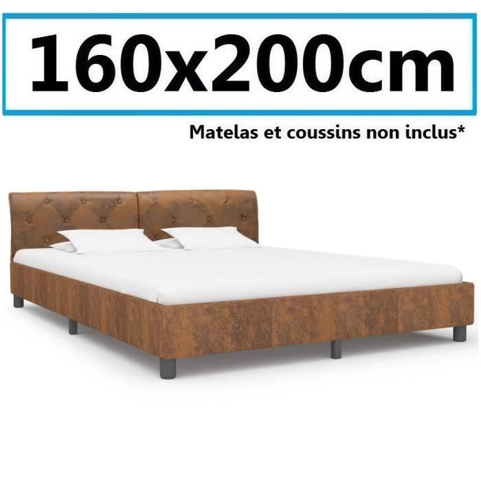 Lit Sommier 160x200cm daim cuir artificiel grand adulte Chambre invité design avec dossier Marron luxe style