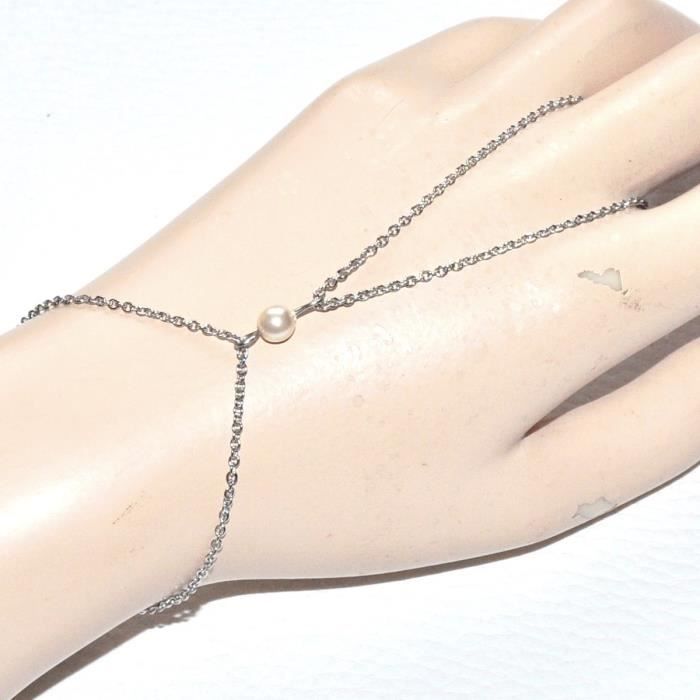 Chaîne de main bracelet bague acier inoxydable perle nacrée bijou