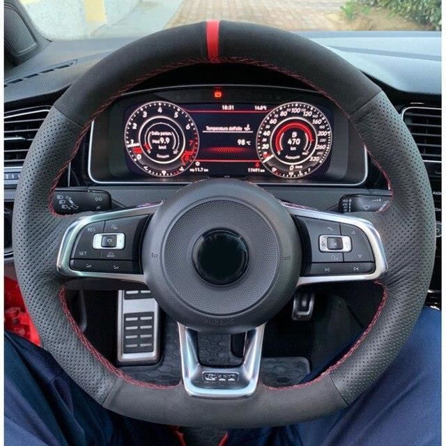 Couvre volant,Housse de volant de voiture en cuir suédé véritable, noir, pour Volkswagen VW Golf 7 GTI Golf R MK7 VW Polo - Type 2