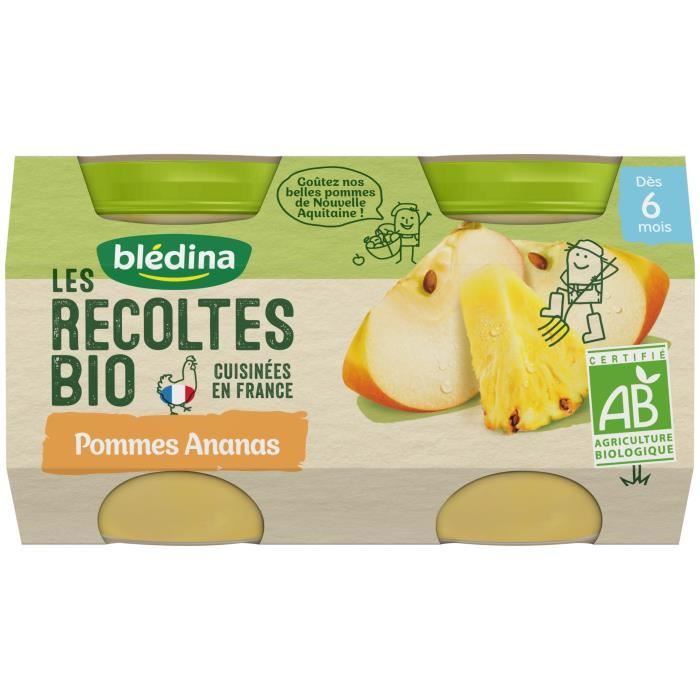 Blédina Les Récoltes Bio, Petits pots pour bébé bio dès 6 Mois, Pommes Ananas, 2x130g