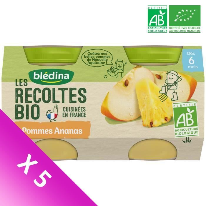 Blédina Les Récoltes Bio, Petits pots pour bébé bio - Dès 6 mois - Pommes Ananas - Lot de 5 x 260 g