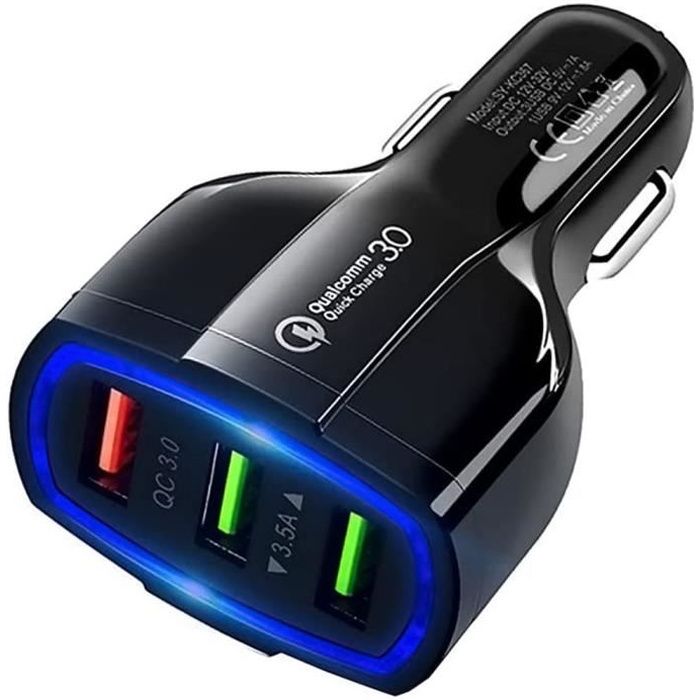 Chargeur Voiture Noir, Prise Allume-cigare avec 3 Ports USB Rapide, Quick Charge 3.0
