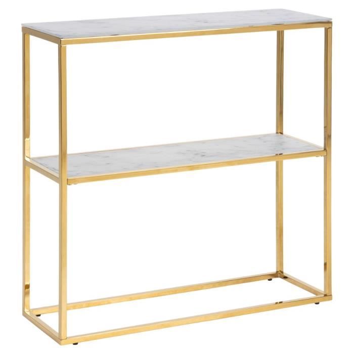 Console Anika en marbre artificiel blanc avec des pieds dorés. Équipé d'une étagère.