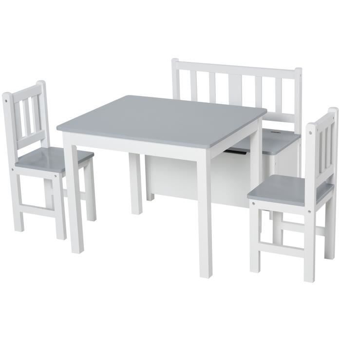 HOMCOM Ensemble de table et chaises enfant - set de 4 pièces - table, 2 chaises, banc coffre 2 en 1 - MDF pin blanc gris