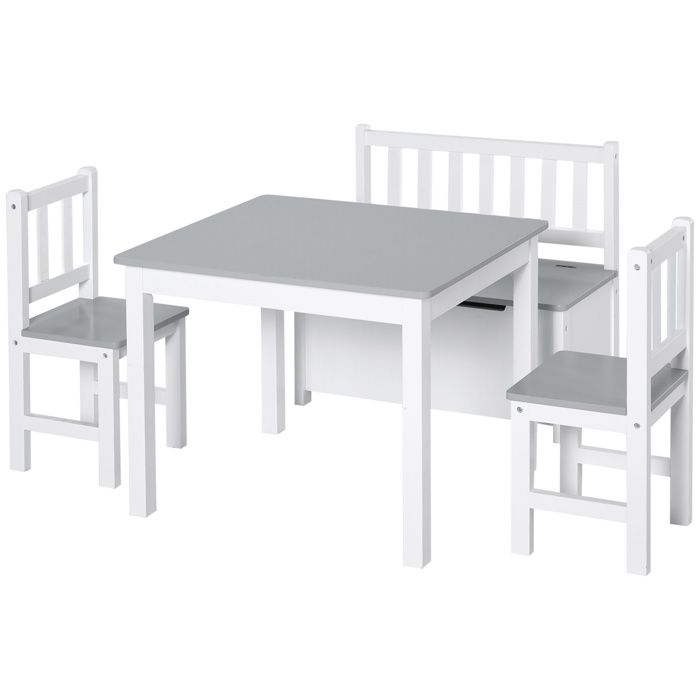 HOMCOM Ensemble de table et chaises enfant - set de 4 pièces - table, 2 chaises, banc coffre 2 en 1 - MDF pin blanc gris