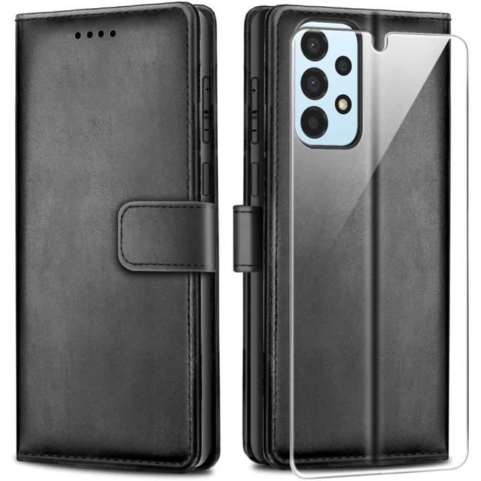Coque Pour GALAXY A33 + 1 vitre verre trempé Porte Carte, Coque portefeuille Effet Cuir Fermeture Magnétique Noir