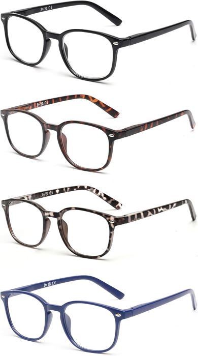 Lunettes Lecture Homme Femme JM Lot De 4 Lunettes Lecture - Charnière Ressort - Monture Carrée Plastique - Hommes Femmes Lot Lunettes Presbyte