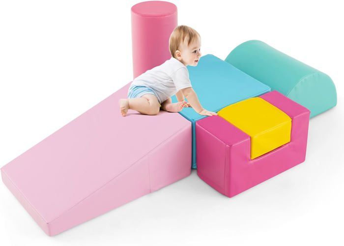 Jeu de Construction - GOPLUS - 6Pcs Module Motricité Bébé en Mousse avec Housse en PU Enfants dÂge Préscolaire Rose+Bleu