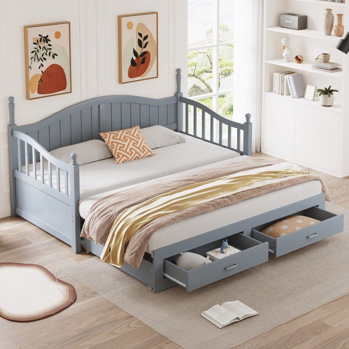 Lit Vintage en Bois Massif Lit Double 90/180*190 cm avec Tiroir et Sommier à Lattes - Gris