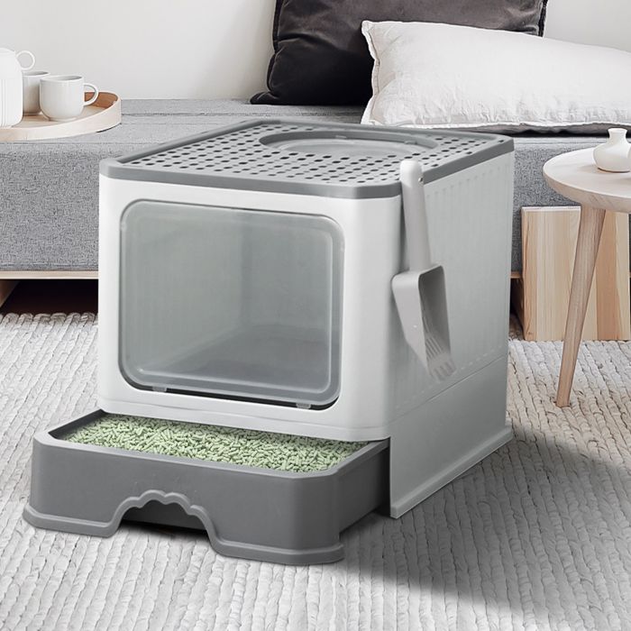 Meilleurs prix pour Bac à litière pliable pour chat toilettes coulissantes pour chat avec pelle à litière pour chat 50*35*38CM gris.