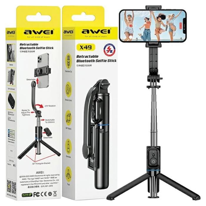 Perche à Selfie - AWEI - X49 - Compatible iPhone et Samsung - Portée 1 m - Poignée réglable 360°